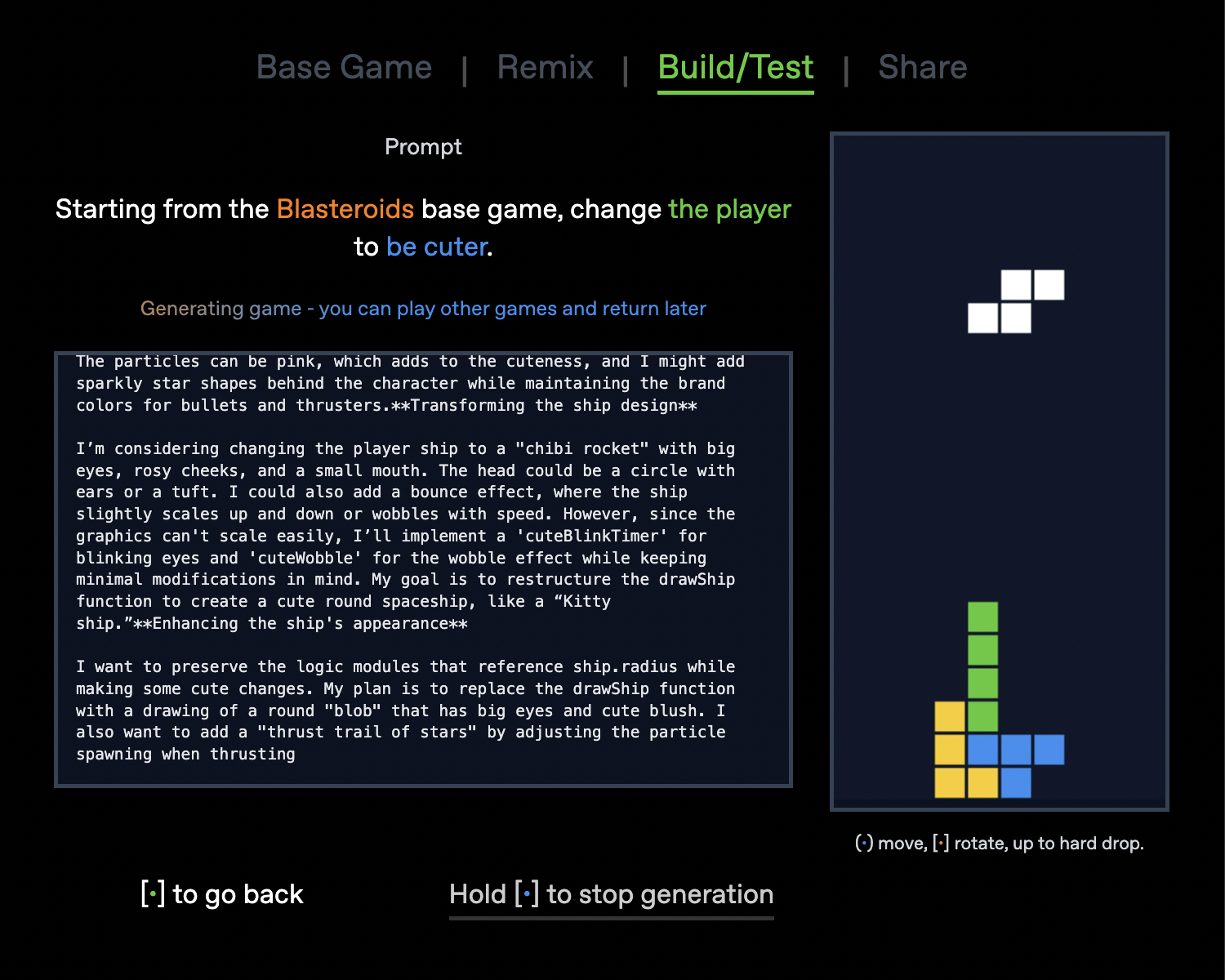 A screenshot of the ArcadeGPT game generation screen showing both the prompt, code that's being generated and a tetris game to play while waiting