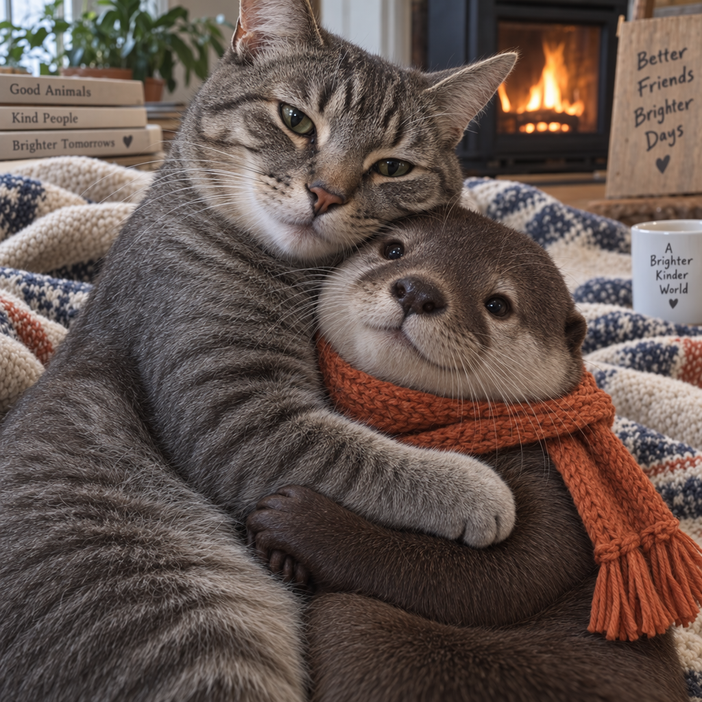 A cat and an otter