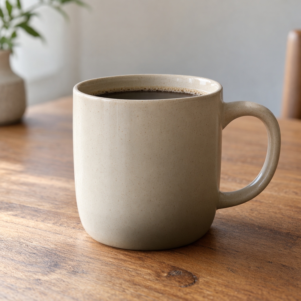 A beige coffee mug on a wooden table