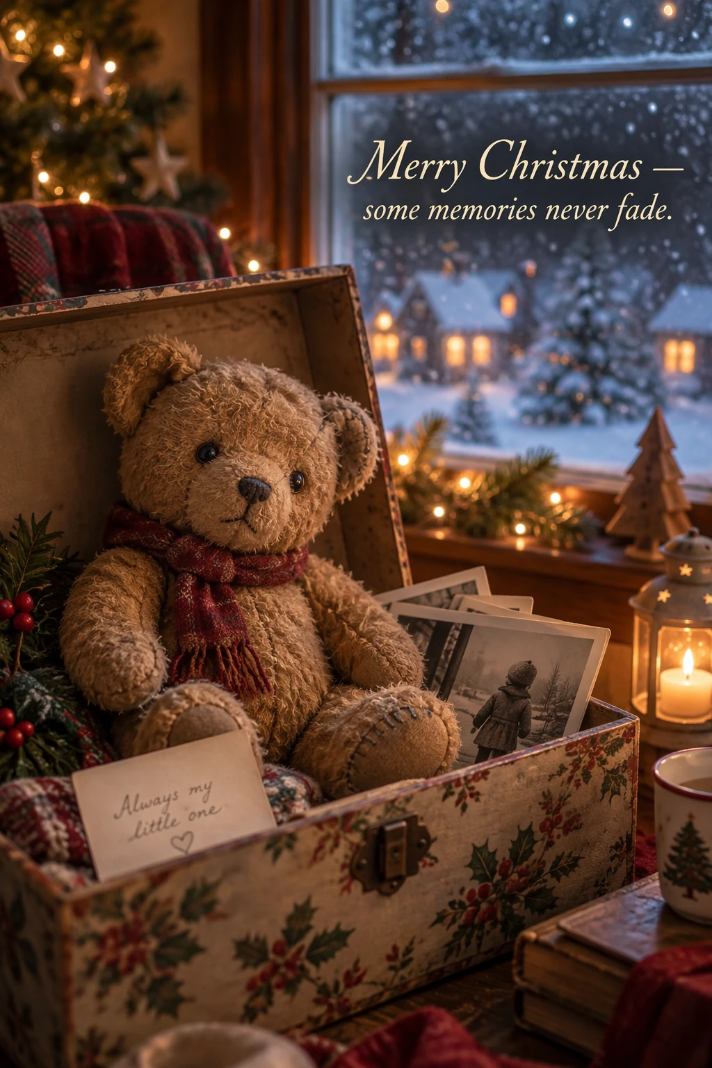 Holiday card showing a teddy bear by a window — GPT Image 2.5 Sunburst