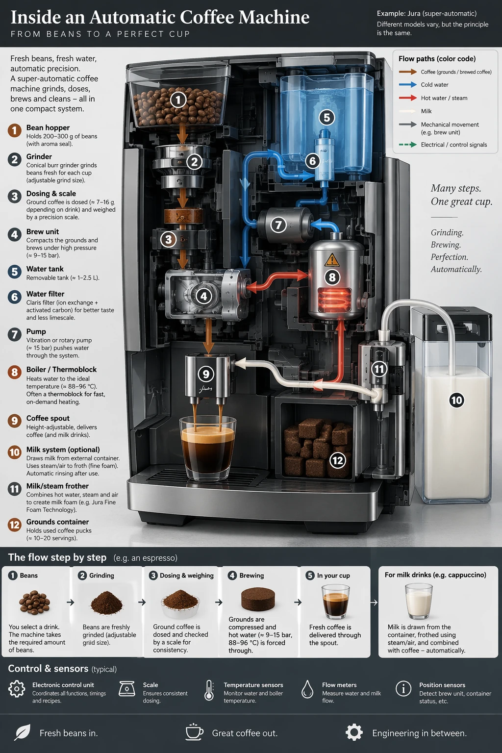 Diagram explaining an automatic coffee machine — GPT Image 2.5 Sunburst