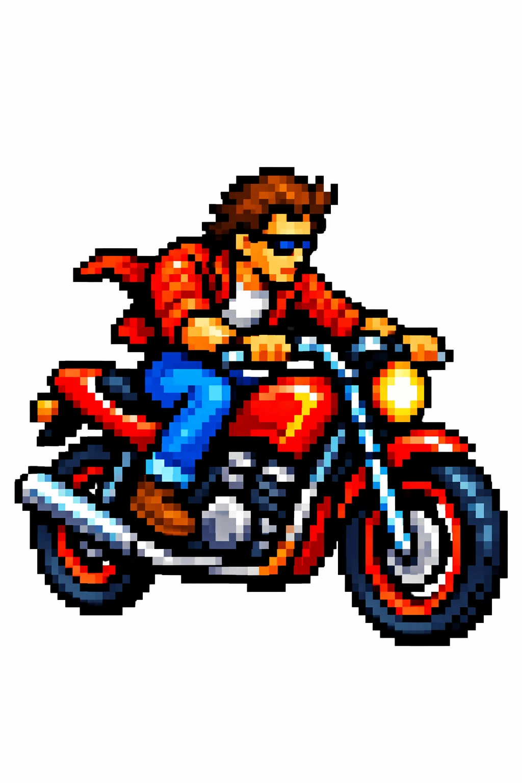 Pixel-art motorcycle rider using the reference style — GPT Image 2.5 Sunburst