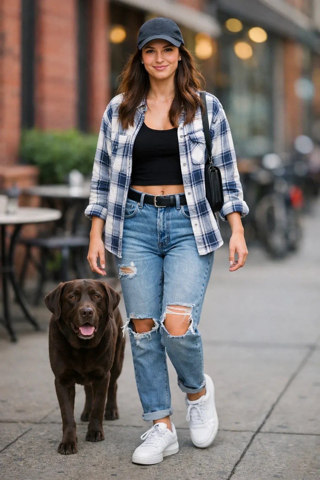 Dog placed beside the woman in the street scene — GPT Image 2.5 Sunburst