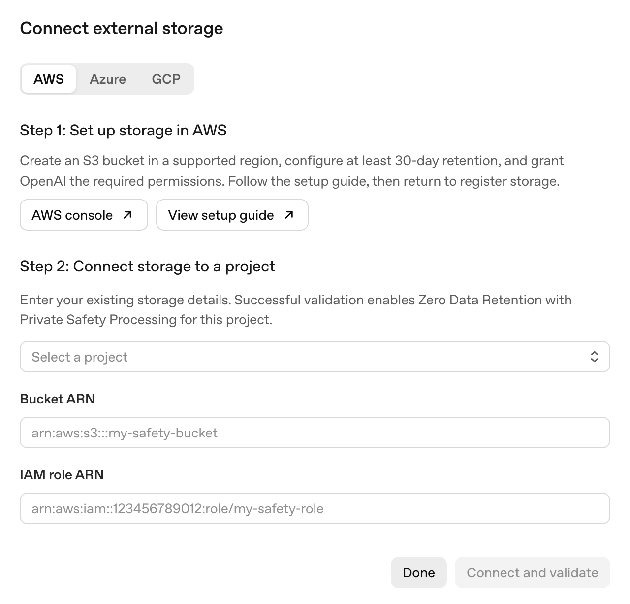 Connect external storage dialog for AWS showing project selection, Bucket ARN, IAM role ARN, and Connect and validate.