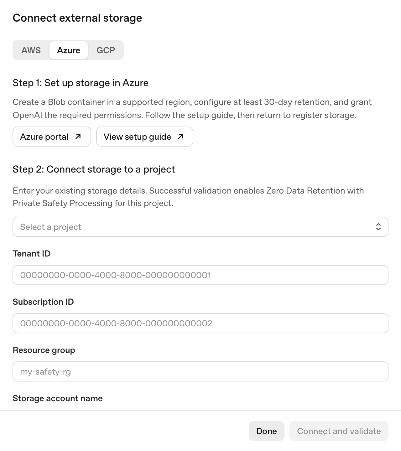 Connect external storage dialog for Azure showing the project and Azure storage configuration fields.