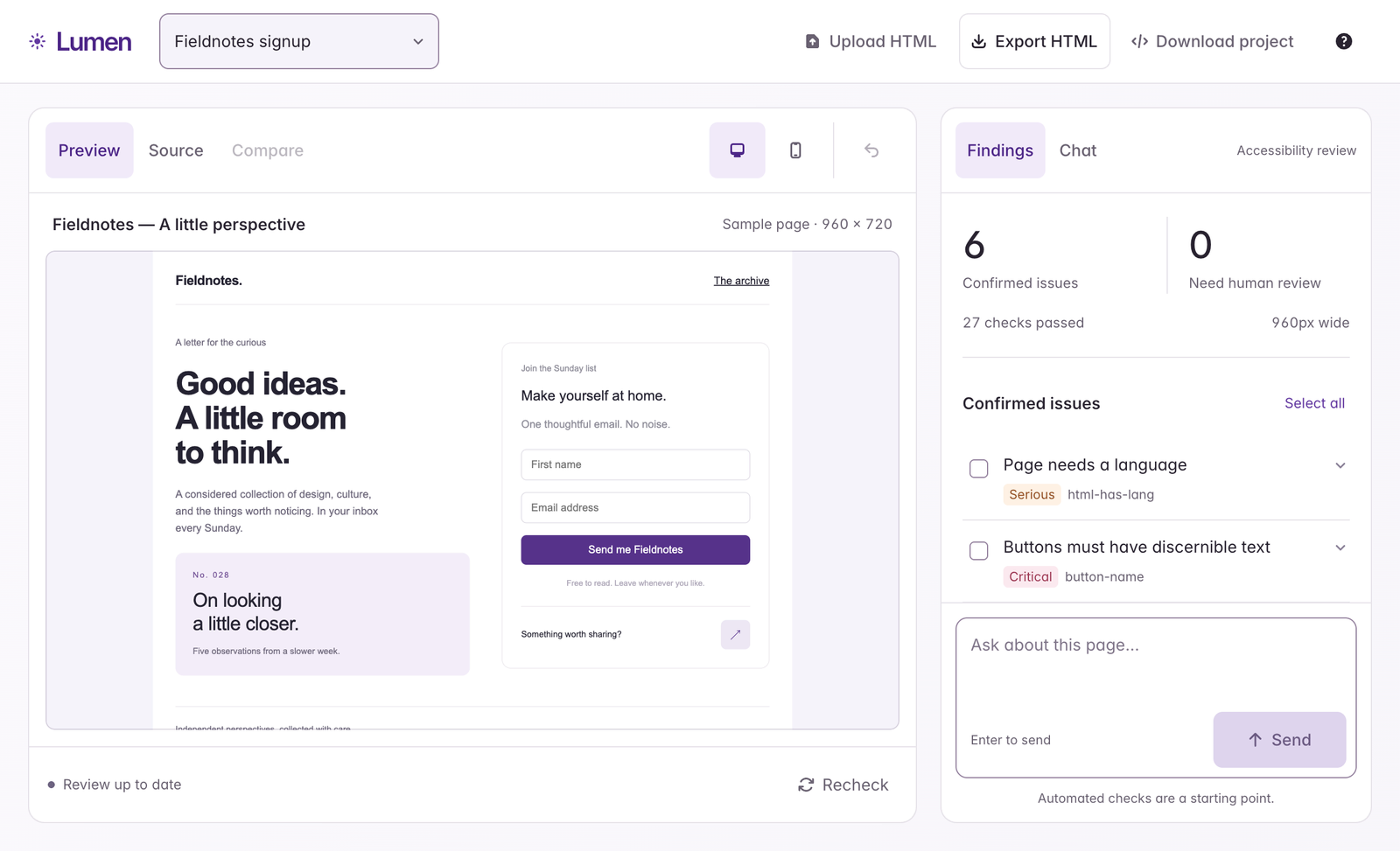 Lumen’s page preview and accessibility findings.