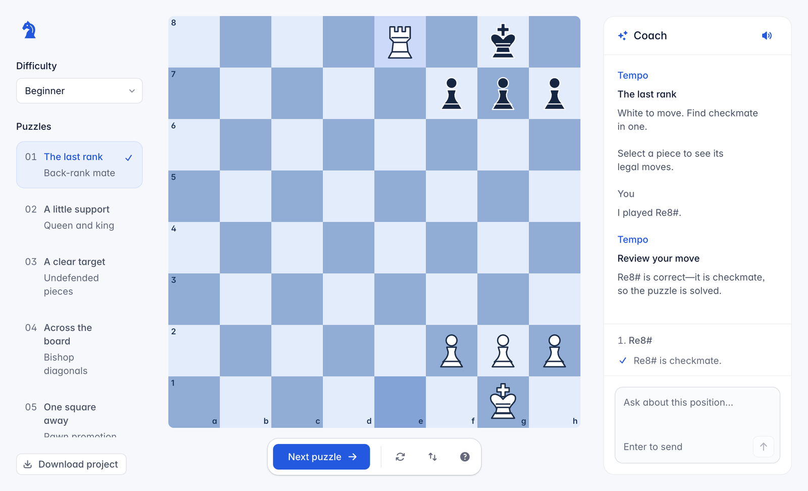 Tempo’s chess puzzle board and coaching conversation.